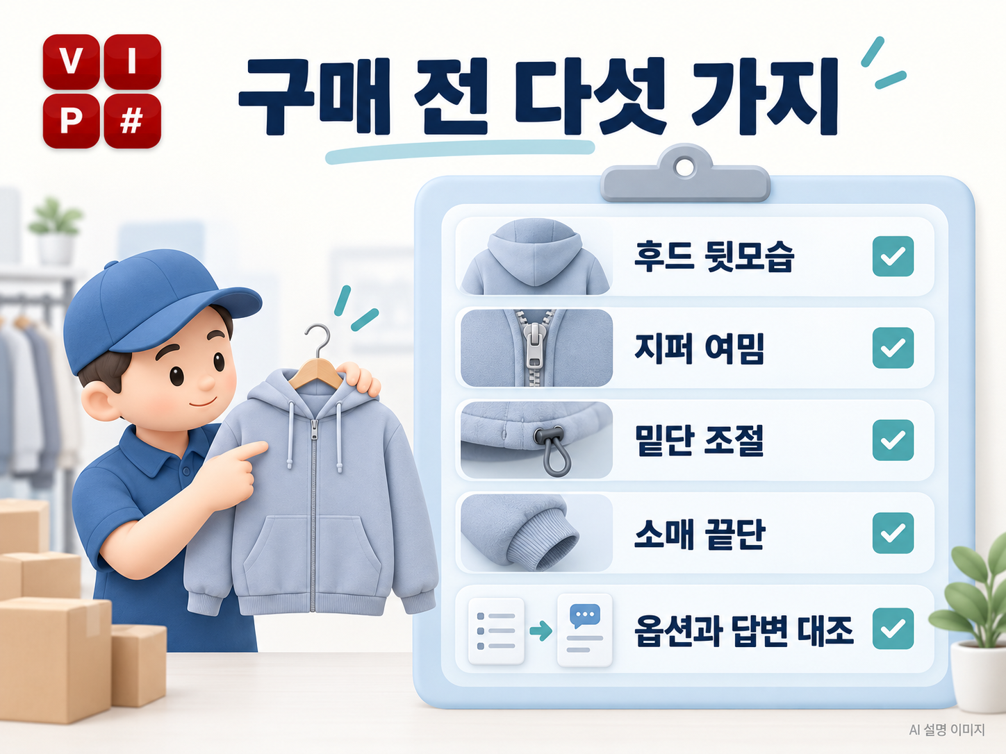 후드 지퍼 밑단 소매 끝단과 원하는 옵션을 순서대로 확인하는 구매 전 체크리스트 AI 설명 그림