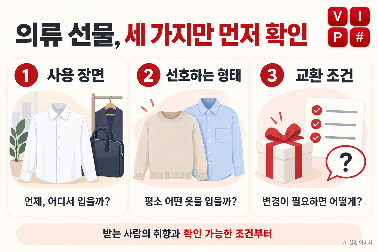 의류 선물 선택 전에 사용 장면, 선호하는 형태, 교환 조건을 확인하는 세 가지 기준 설명도