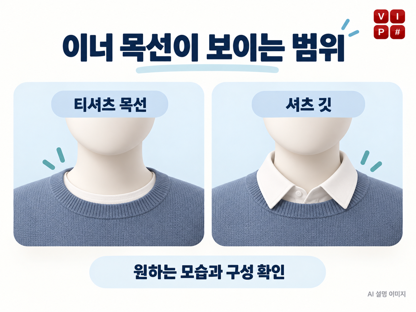 니트 목선과 안에 입는 이너의 보이는 범위를 비교하는 AI 착장 개념도