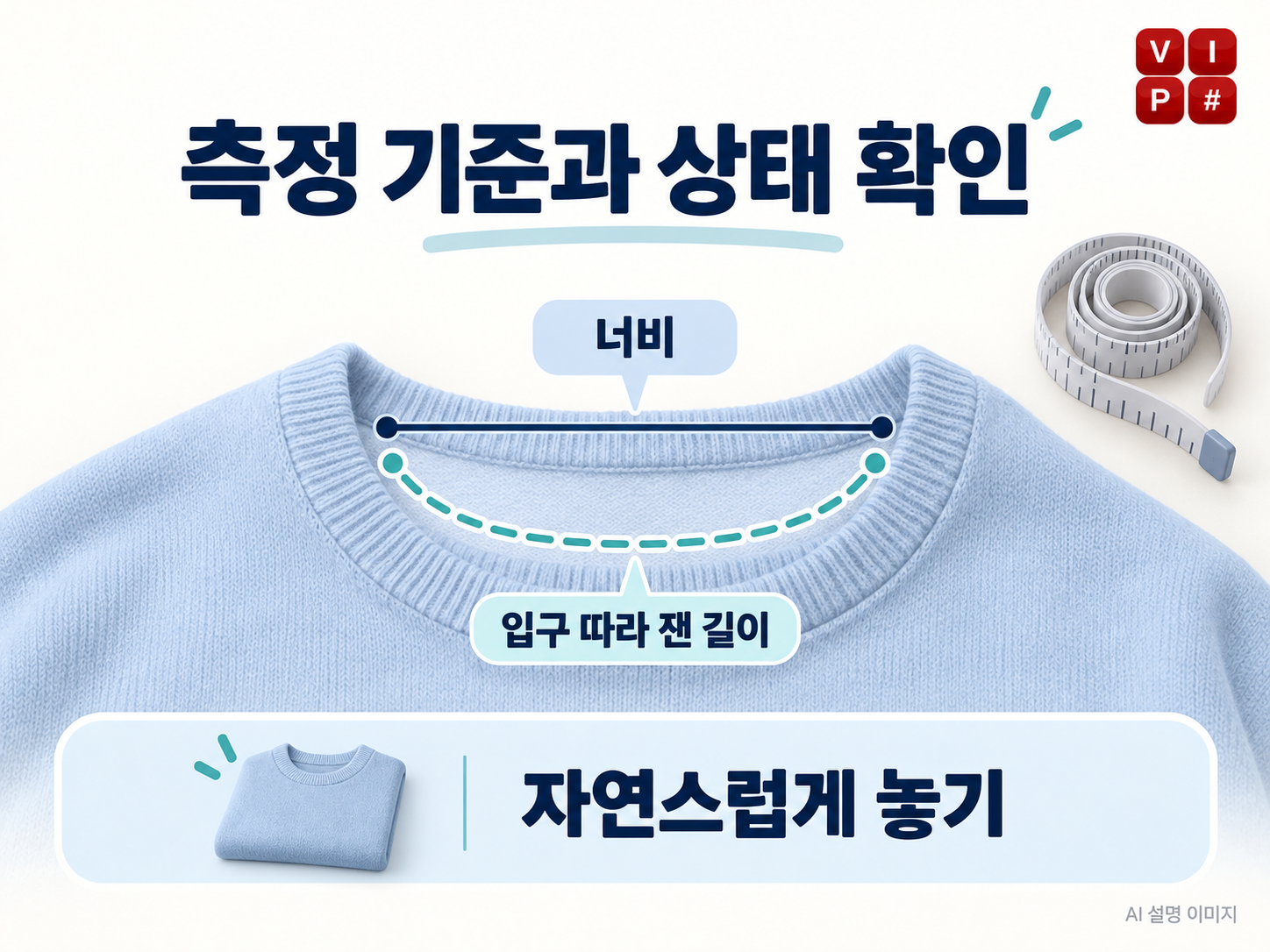 니트 목 입구의 직선 너비와 입구를 따라 잰 길이, 자연스러운 측정 상태를 구분한 AI 설명도