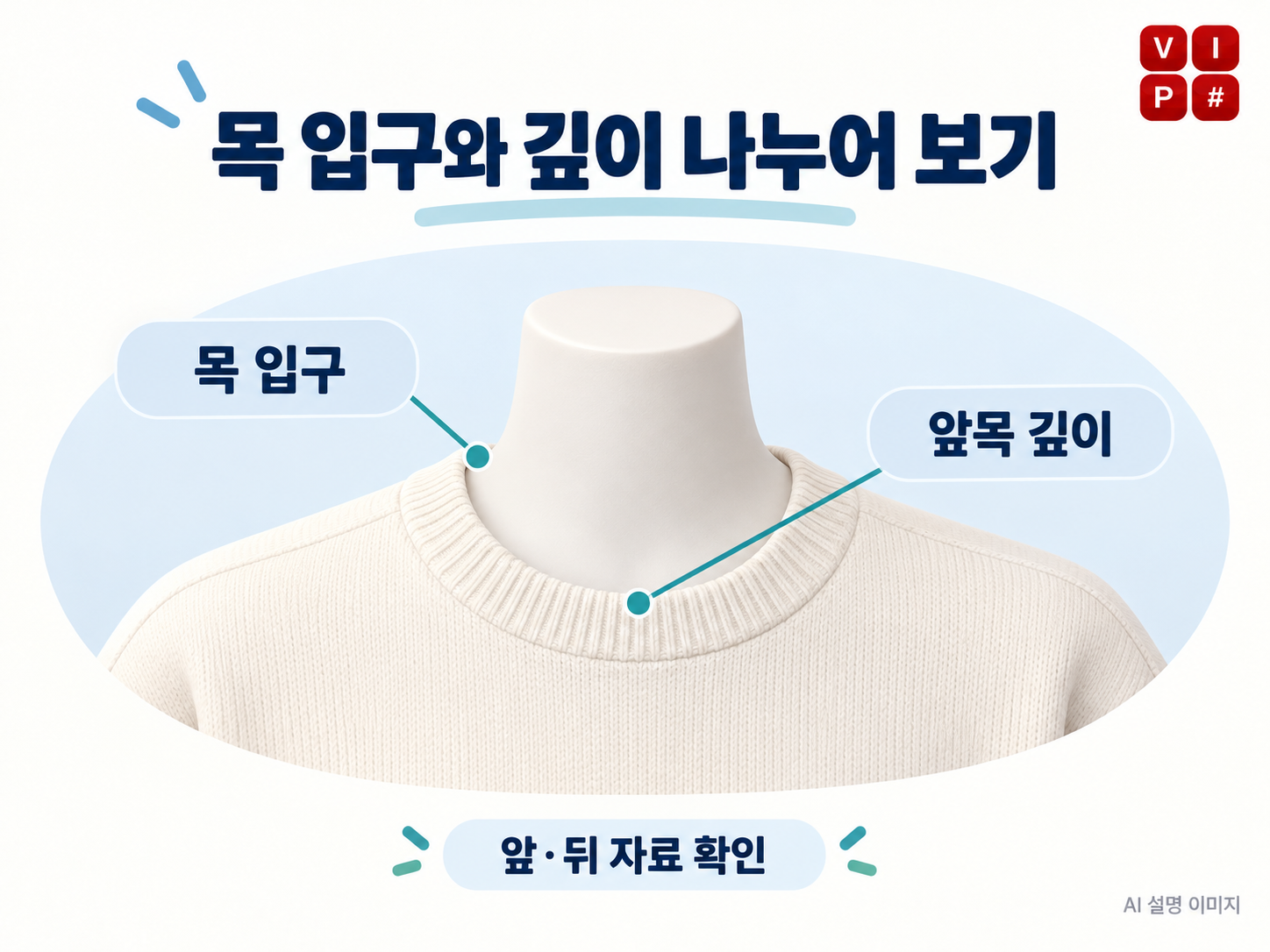 니트 목 입구의 가로 너비와 앞목 깊이를 서로 다른 선으로 표시한 AI 넥라인 설명도