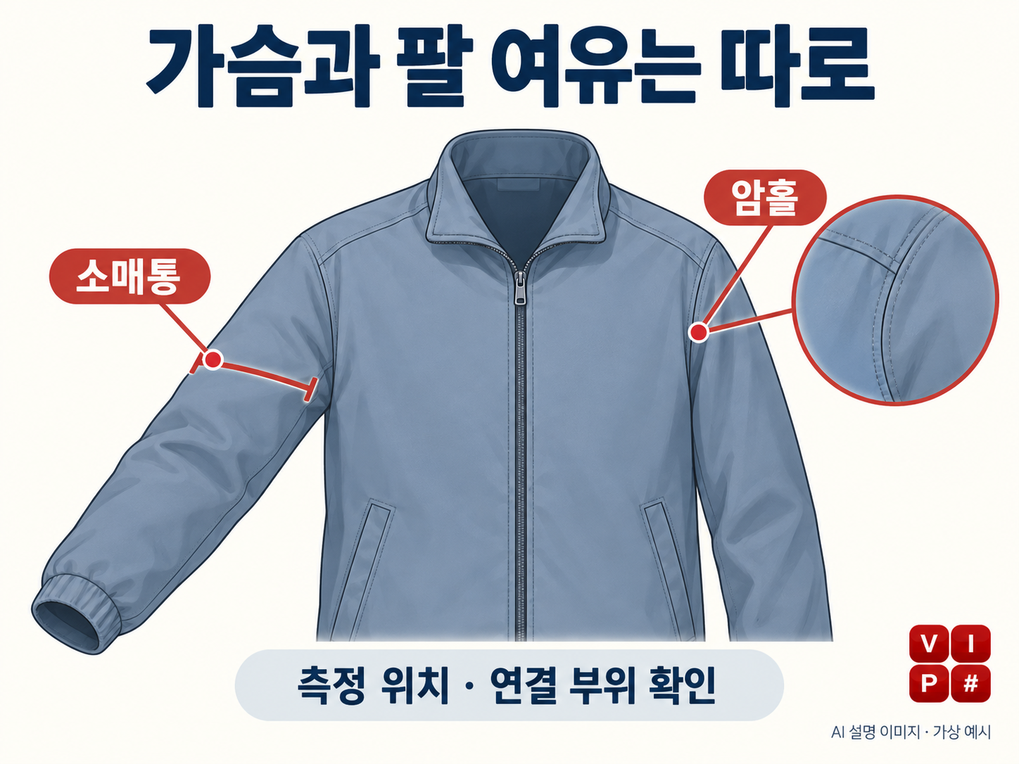가상의 겉옷에서 위팔 소매통과 몸판·소매가 만나는 암홀 부위를 구분하여 표시한 AI 설명도