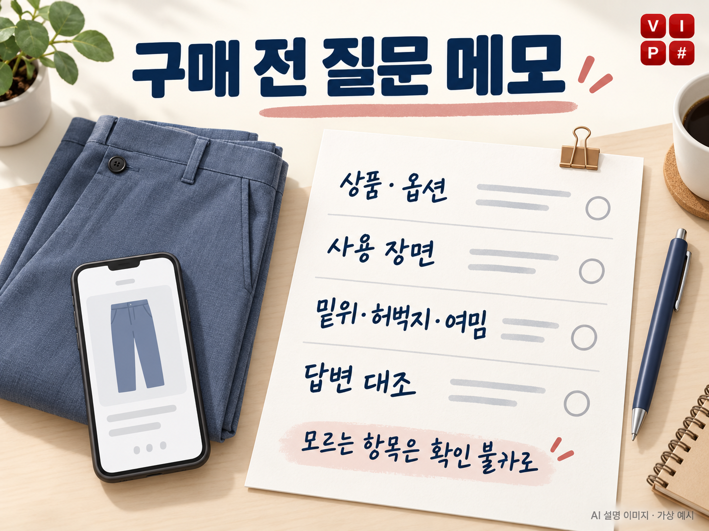 바지 상품과 옵션을 지정하고 밑위·허벅지·여밈 질문의 확인 여부를 메모하는 AI 설명도