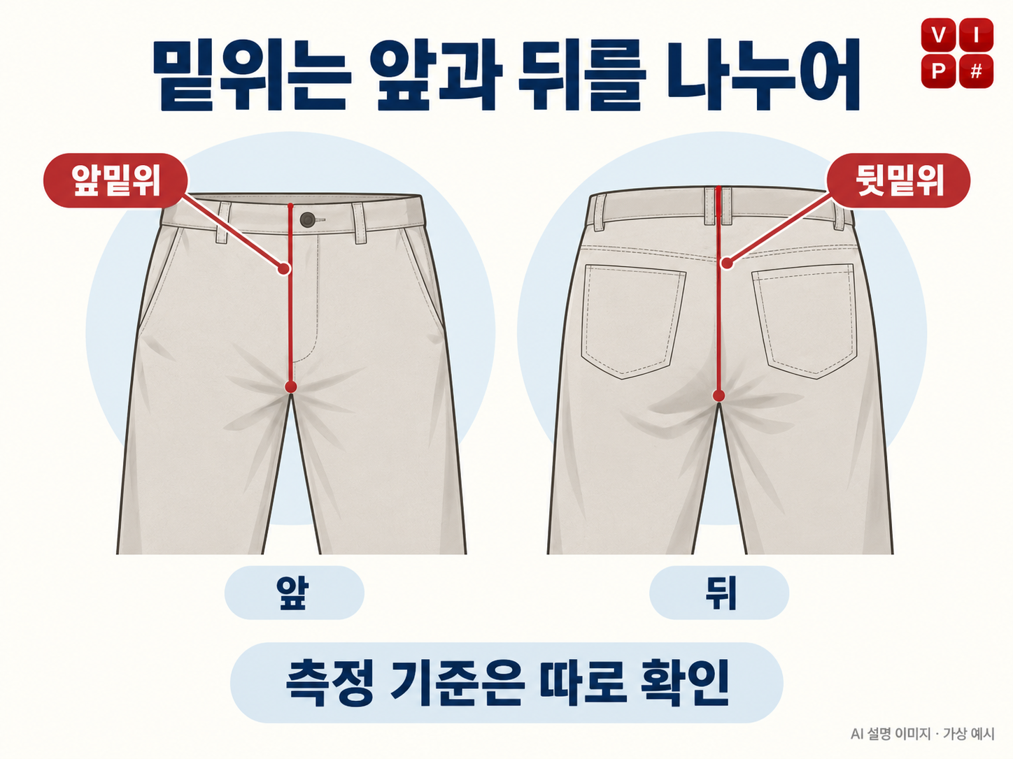 가상 바지의 앞모습과 뒷모습에서 앞밑위와 뒷밑위를 나누어 확인할 위치를 보여 주는 AI 설명도