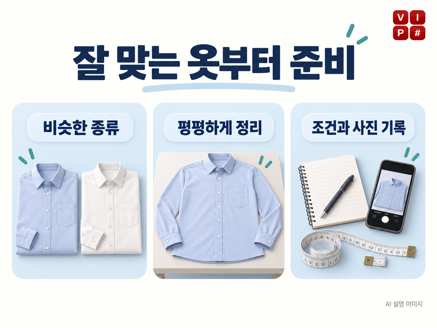 비슷한 종류의 잘 맞는 옷을 고르고, 평평하게 정리한 뒤 측정 조건과 사진을 기록하는 준비 과정을 보여주는 AI 설명 이미지