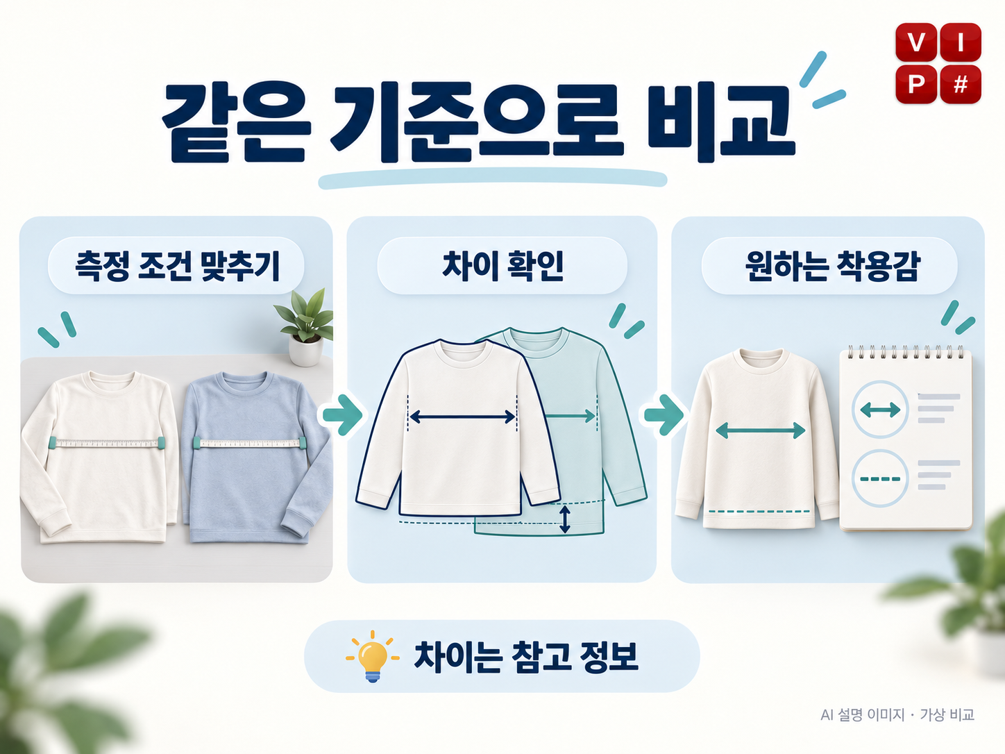 같은 측정 조건을 맞춘 기준 옷과 후보 옷의 차이를 확인하고 원하는 몸통 여유와 밑단 위치를 따로 검토하는 가상 비교 AI 설명 이미지