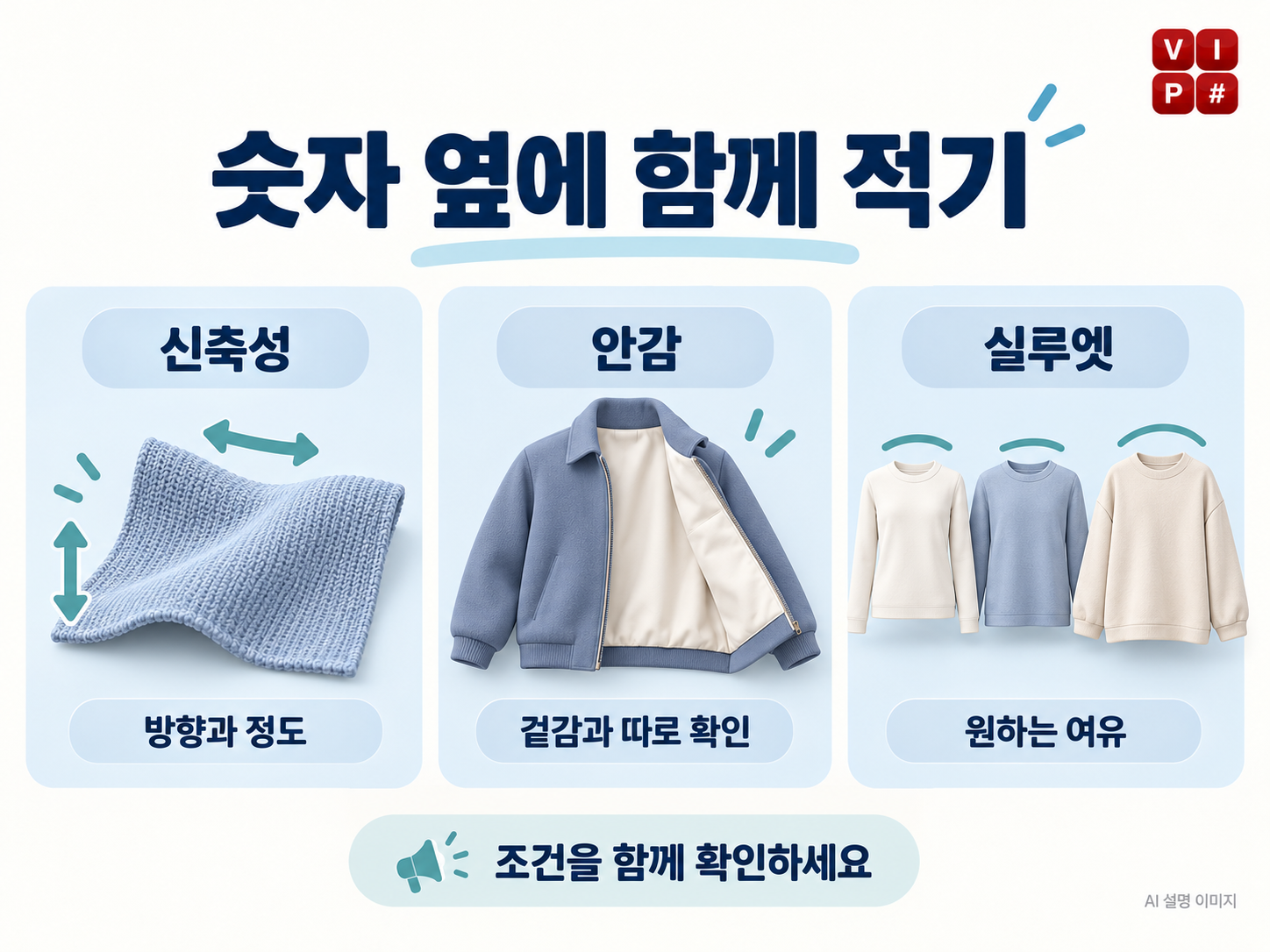 신축성의 방향과 정도, 겉감과 구분한 안감, 원하는 여유의 실루엣을 함께 확인하는 세 가지 항목을 보여주는 AI 설명 이미지