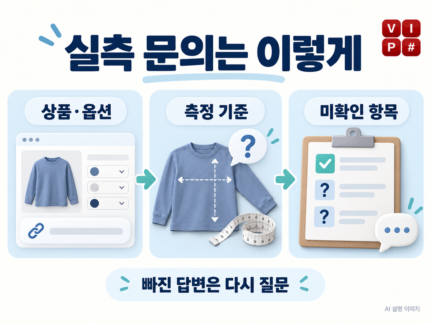 상품 링크와 옵션을 밝히고 측정 기준을 확인한 뒤 미확인 항목을 다시 질문하는 실측 문의 흐름을 보여주는 AI 설명 이미지