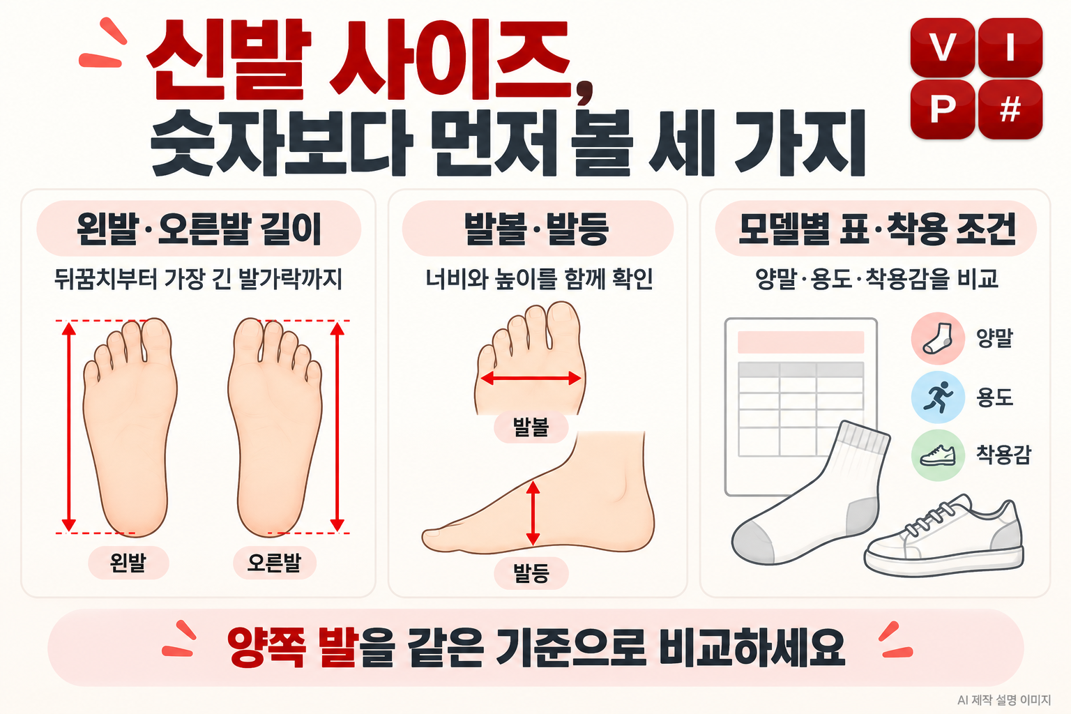 양발 길이, 발볼·발등, 모델별 사이즈표와 양말 등 착용 조건을 함께 확인하는 설명 이미지